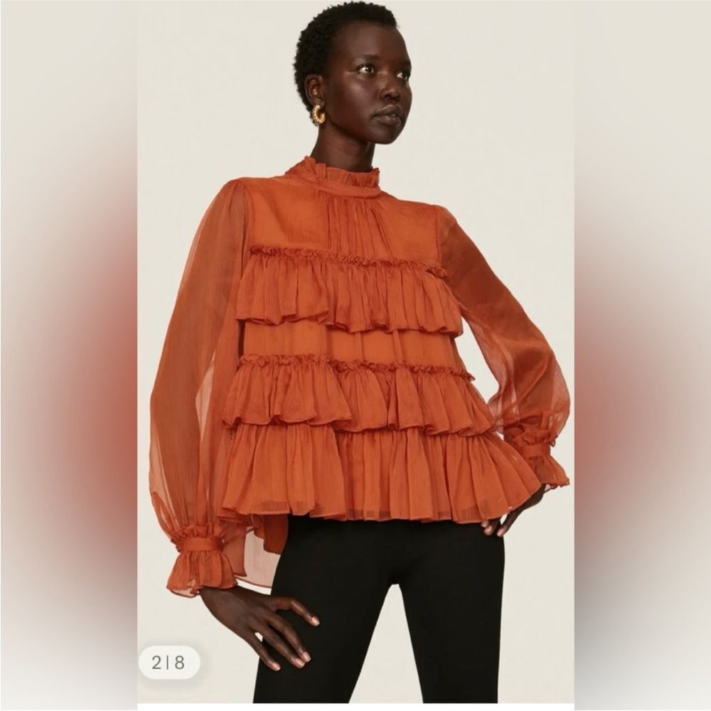 Adam Lippes Terracotta Ruffle Blouse, US0